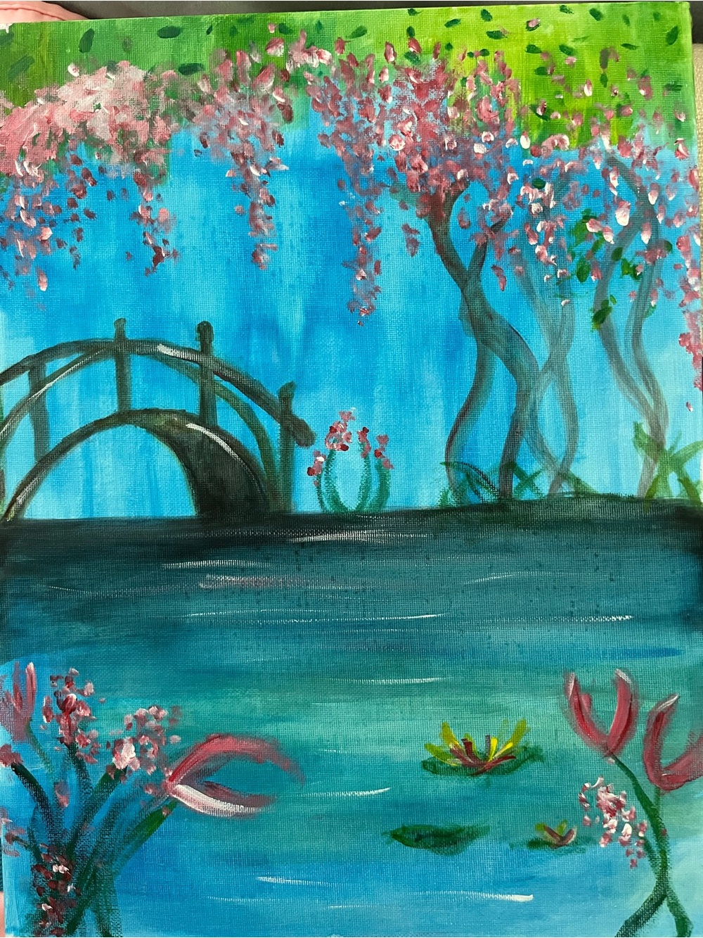 Hand-Painted Blue & Pink Water Garden Canvas Art